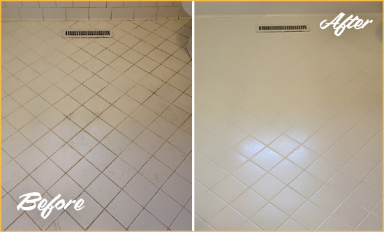Before and After Picture of a Cove Neck White Bathroom Floor Grout Sealed for Extra Protection