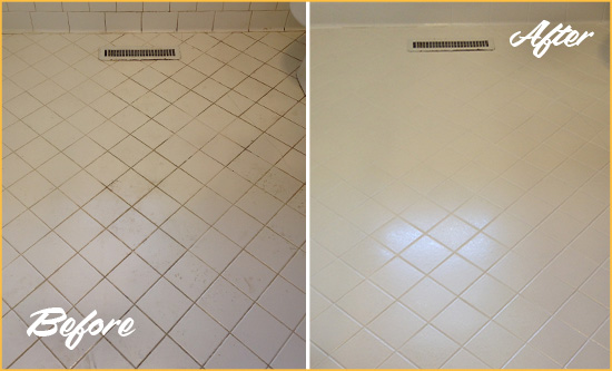 Before and After Picture of a Plainview White Bathroom Floor Grout Sealed for Extra Protection