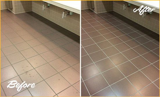 Before and After Picture of Dirty Plainview Office Restroom with Sealed Grout