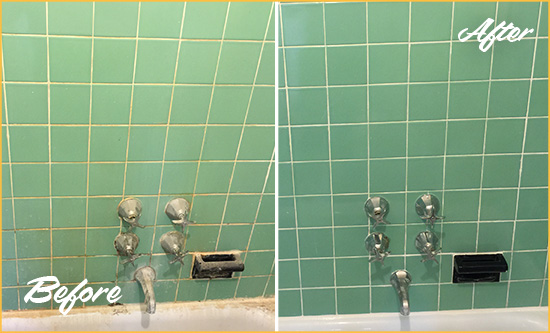 Before and After Picture of a Great Neck Bath Tub Grout Sealed to Avoid Water Damage