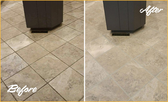 Before and After Picture of a Upper Brookville Kitchen Floor Grout Sealed to Remove Stains