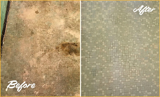 Before and After Picture of a Great Neck Mosaic Shower Cleaned to Eliminate Embedded Dirt