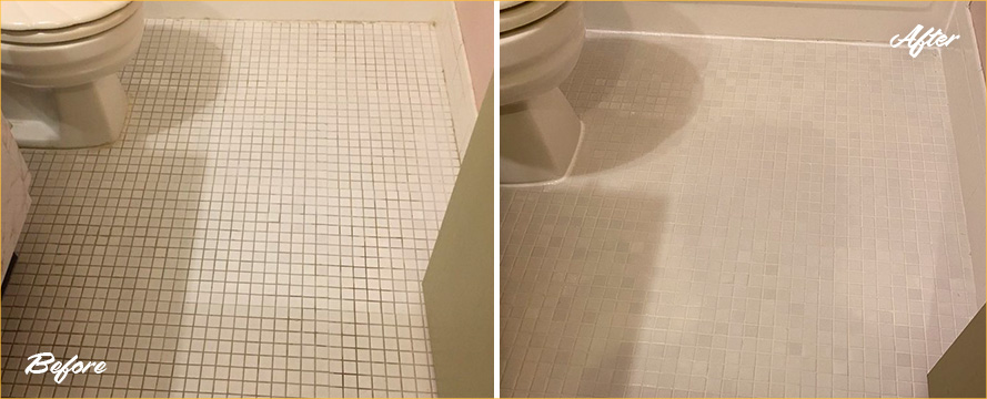 Bathroom Floor  Before and After a Grout Cleaning in Massapequa, NY