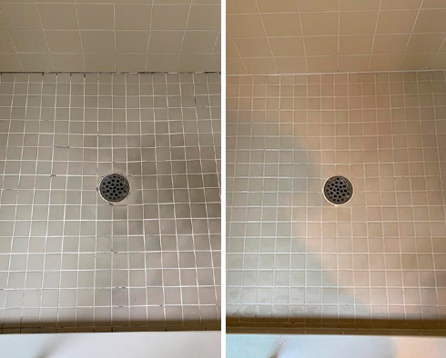Shower Before and After a Service from Our Tile and Grout Cleaners in Island Park