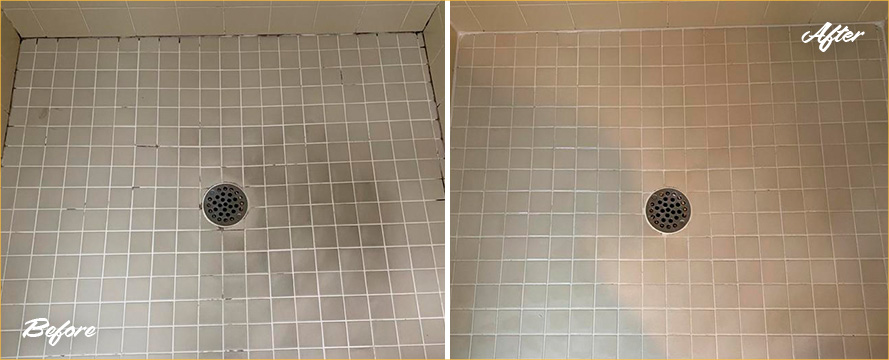 Shower Before and After a Service from Our Tile and Grout Cleaners in Island Park