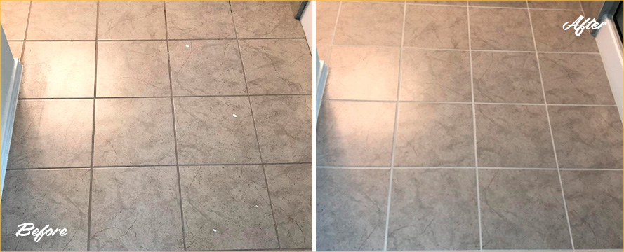 Bathroom Floor Before and After a Superb Grout Cleaning in Glenwood Landing, NY
