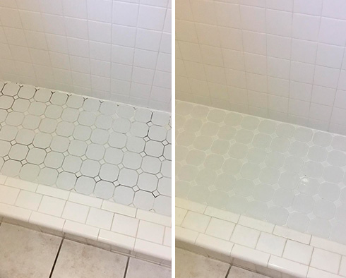 Shower Floor Before and After Our Caulking Services in Long Beach