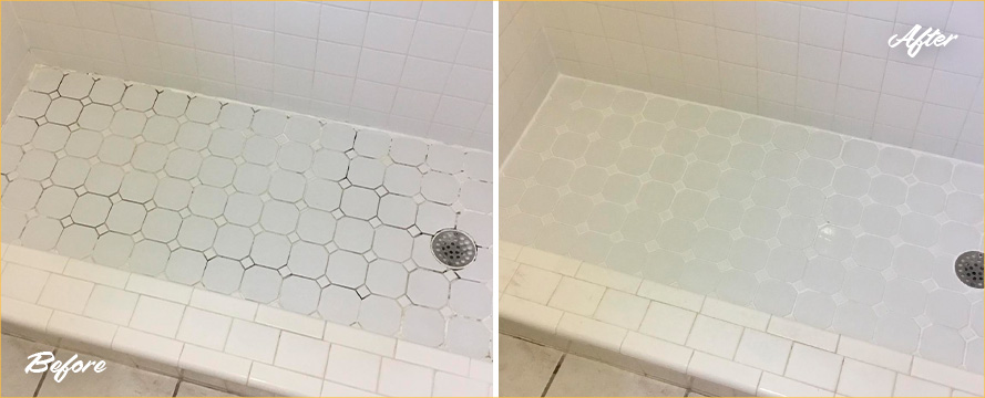 Shower Floor Before and After Our Caulking Services in Long Beach