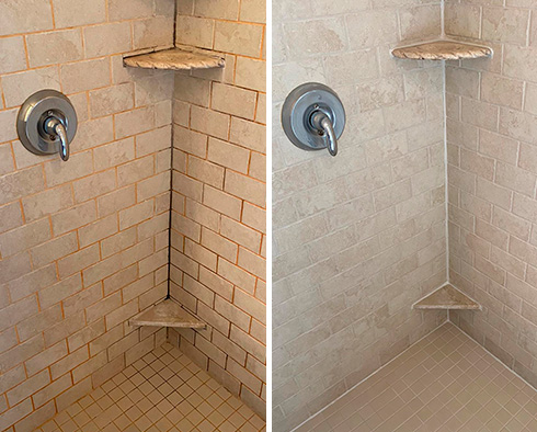 Shower Before and After a Grout Sealing in Lawrence, NY