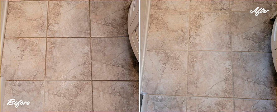 Bathroom Floor Before and After a Grout Recoloring in Garden City, NY