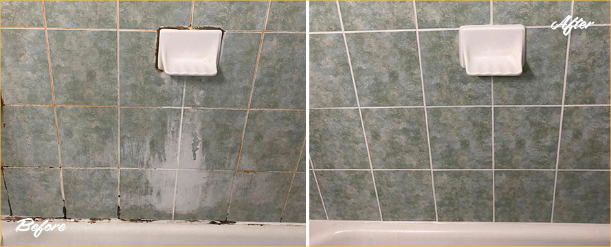 Shower Wall Before and After a Tile Cleaning in Long Beach