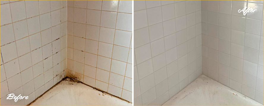 Shower Walls Before and After a Tile Cleaning in Lawrence