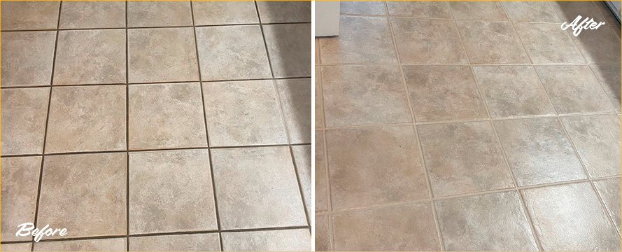 Bathroom Floor Before and After a Grout Cleaning in Long Beach