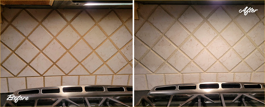 Kitchen Backsplash Before and After a Grout Cleaning in Lawrence