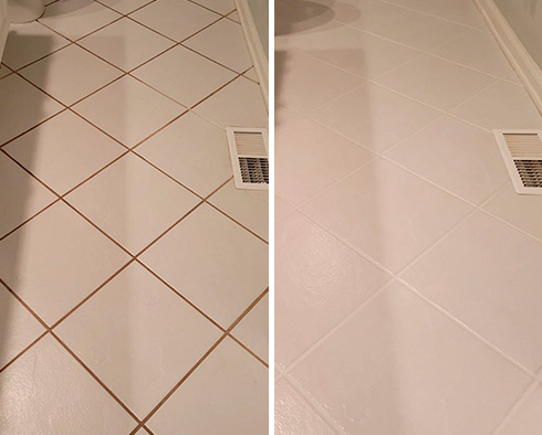 Tile Floor Before and After a Grout Cleaning in Lawrence