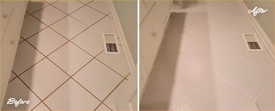 Tile Floor Before and After a Grout Cleaning in Lawrence