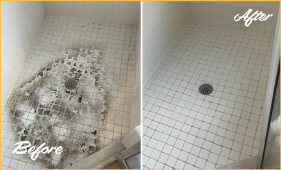 Shower Floor Before and After a Service from Our Tile and Grout Cleaners in Long Beach