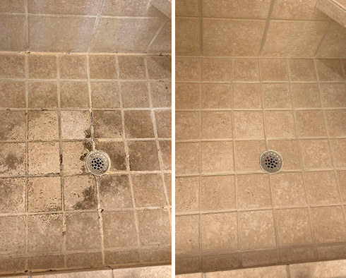 Shower Floor Before and After a Tile Cleaning in Lawrence