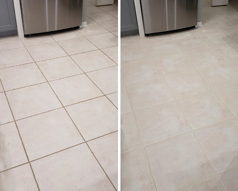 Kitchen Floor Before and After a Grout Cleaning in Long Beach