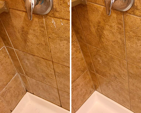 Shower Walls Before and After a Grout Sealing in Merrick 