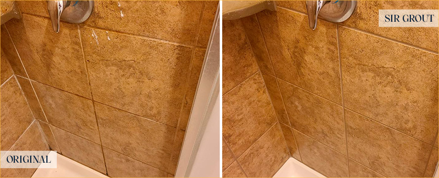 Shower Walls Before and After a Grout Sealing in Merrick