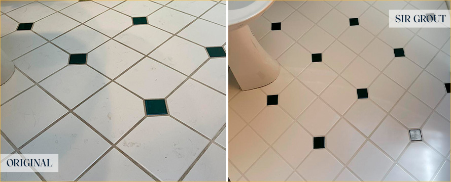 Bathroom Floor Before and After an Excellent Grout Recoloring in Garden City, NY
