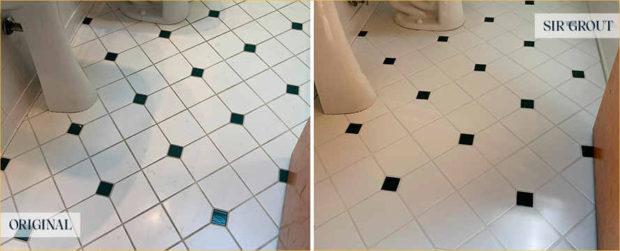 Bathroom Floor Before and After a Grout Recoloring in Garden City, NY