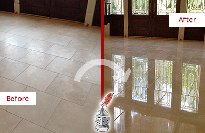 Before and After Picture of Restoration of a Dull Travertine Floor