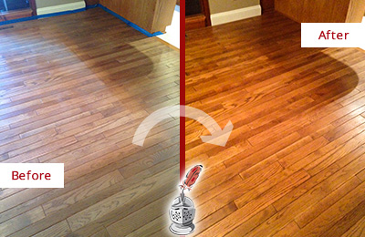 Before and After Picture of a Lawrence Wood Sand Free Refinishing Service on a Dull Floor to Recover Its Sheen