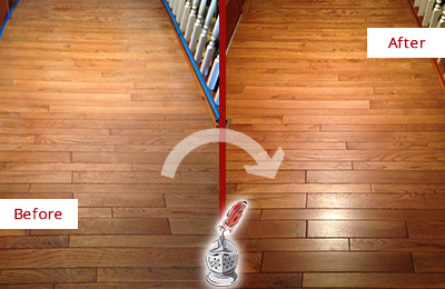 Before and After Picture of a Lawrence Wood Sand Free Refinishing Service on a Dull Hallway