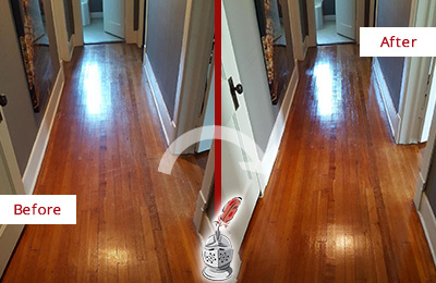 Before and After Picture of a Lawrence Wood Sand Free Refinishing Service on a Floor to Eliminate Scratches