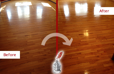Before and After Picture of a Lawrence Wood Sand Free Refinishing Service on a Room Floor to Remove Scratches