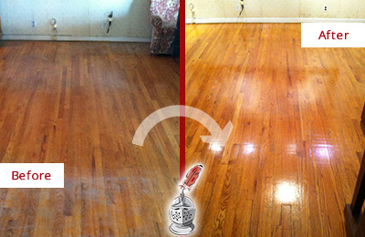 Before and After Picture of a Lawrence Wood Sand Free Refinishing Service on a Stained Floor