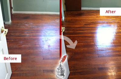 Before and After Picture of a Lawrence Wood Sand Free Refinishing Service on a Dull Floor to Remove Stains