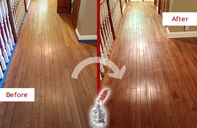 Before and After Picture of a Lawrence Wood Sand Free Refinishing Service on a Worn Out Floor