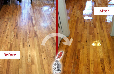 Sir Grout Refinished This Worn Out Lawrence Hallway Floor with a Sand Free Refinishing Service Before and After Picture of a Lawrence Wood Sand Free Refinishing Service on a Worn Out Hallway
