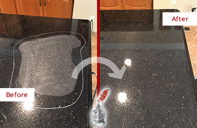 Before and After Picture of Black Scratched Granite Countertop Cleaned and Sealed