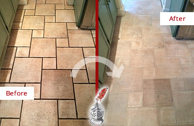 Before and After Picture of Tumbled Travertine Floor Cleaned to Remove Embedded Dirt