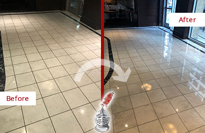 Sir Grout Nassau New York Stone Services Help Maintain, Clean, and Polish Building Lobbies and Commercial Offices Stone Surfaces Picture of a Building Marble Entrance Floor Before and After Stone Restoration, Cleaning and Polishing