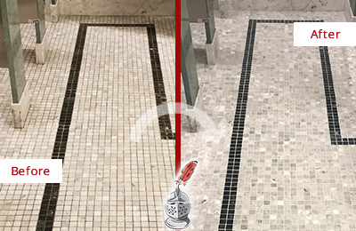 Sir Grout Nassau New York Stone Cleaning Services Can Help Repair the Look of this Grimy Hospital's Restroom Before and After Picture of a Hospital Travertine Bathroom Floor Stone Cleaning Service