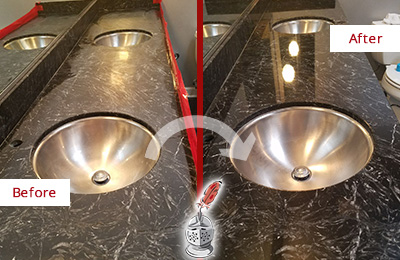 Sir Grout Nassau New York Stone Services Are Ideal for Enhancing Restrooms Marble Countertops and Keep Them Perfect All Year Round Picture of an Office Restroom's Marble Countertop Before and After Color Enhancement and Restoration