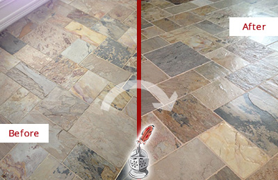 Before and After Picture of a Unsealed Slate Floor Cleaned and Sealed to Restore Its Sheen