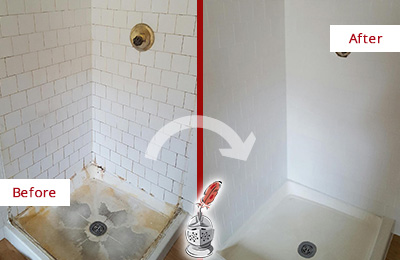 Sir Grout Cleans this Seaford Shower Tile and Grout to Remove Soap Scum Before and After Picture of a Seaford Shower Tile and Grout Cleaned to Remove Soap Scum