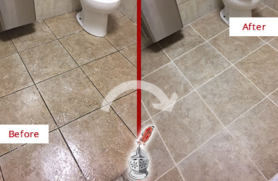 Sir Grout Cleans this Seaford Restroom Tile and Grout to Remove Soil Before and After Picture of a Seaford Restroom Tile and Grout Cleaned to Remove Soil