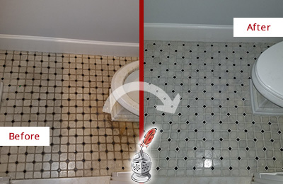 Before and After Picture of a Hicksville Bathroom Tile and Grout Cleaned to Remove Stains