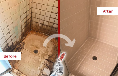 Sir Grout Cleans this Seaford Shower Tile and Grout to Repair Water Damage Before and After Picture of a Seaford Shower Tile and Grout Cleaned to Repair Water Damage