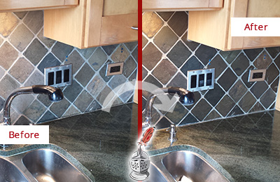 Sir Grout Caulks this Glen Cove Backsplash Caulked to Fix and Prevent Water Leaks Before and After Picture of a Glen Cove Backsplash Caulked to Fix and Prevent Water Leaks