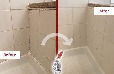 Sir Grout Caulks this Glen Cove Shower Caulked to Repair Damaged Caulking Before and After Picture of a Glen Cove Shower Caulked to Repair Damaged Caulking