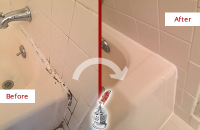 Before and After Picture of a Glenwood Landing Bathroom Sink Caulked to Fix a DIY Proyect Gone Wrong