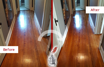 Sir Grout Refinished This Oceanside Wood Floor with a Sandless Refinishing Service to Eliminate Scratches Before and After Picture of a Oceanside Wood Sandless Refinishing Service on a Floor to Eliminate Scratches